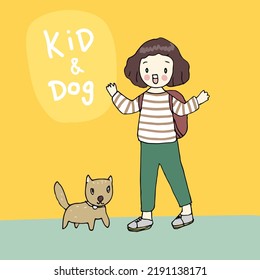 The boy was shocked to see a dog. Vector on yellow background
