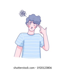 El chico le dispara la cabeza por el diseño manual del vector. Estilo de ilustración de dibujos animados.