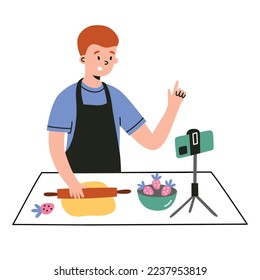 Video de cocina de tiro al niño, muchos bloggers hornean con cámara de teléfono, ícono de blog de comida, ilustración de doodle vectorial de los utensilios de cocina, clipart de color aislado sobre fondo blanco