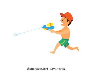 Boy shooting squirt gun, side view of running kid wearing shorts and cap, child playing water game, summer activity, smiling teenager, songkran vector
