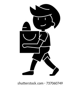 boy with shopping bag icon, vector illustration, black sign on isolated background