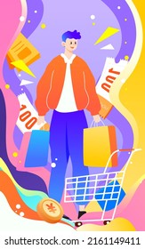 Boy shopping with shopping bags, 618 e-commerce shopping festival, vector illustration