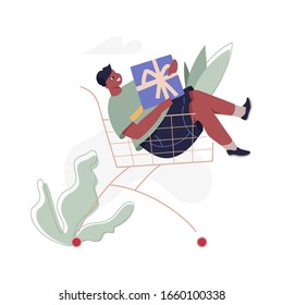 Boy in shopping cart vector isolated illustration. Modern flat character for web and app design, season sales, marketing materials, e-commerce.