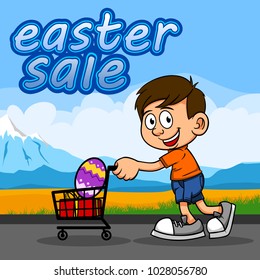 boy shopping easter egg at easter sale with sky background