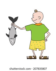 Junge in Kurzform mit Fisch, Vektorgrafik