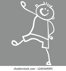 Boy in shorts and a t-shirt is coming. Style of childrens drawing. Vector illustration. Outline drawing on a gray background. Chalk drawing on asphaltChalk drawing on asphalt.