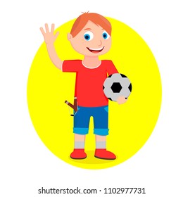 A boy in shorts and a T-shirt is holding a ball in his hand and greeting someone.