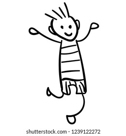 Boy in shorts and a t-shirt is jumping. Style of childrens drawing. Vector illustration. Outline drawing on a white background.