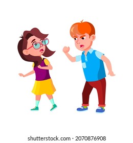 Boy Shouting And Threatening With Fist Girl Vector. Aggressive Caucasian Schoolboy Threatening And Screaming At Schoolboy. Characters Aggression And Bullying Flat Cartoon Illustration