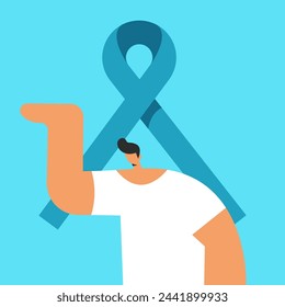 Boy show Blue ribbon for prostate cancer awareness. Flat vector illustration.