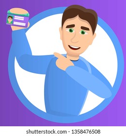Boy show driver license concept background. Cartoon illustration of boy show driver license vector concept background for web design