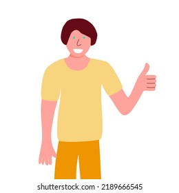 Boy show positive emotions with thumb up gesture, approval sign, flat vector