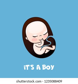 It's a Boy shower card. Invitation template with cute baby for candy. Labels with letters and kids illustration. baby embryo in tummy