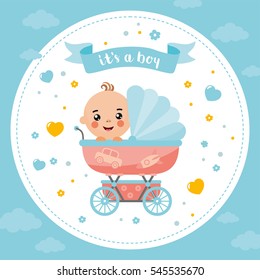 It's a Boy shower card. Invitation template with cute baby in a buggy. Labels with letters and kids illustration.