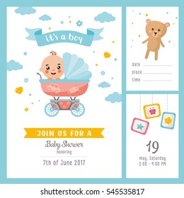 Es una ducha de niño. Plantilla de invitación con bebé lindo en un buggy. Etiquetas con letras e ilustraciones para niños.