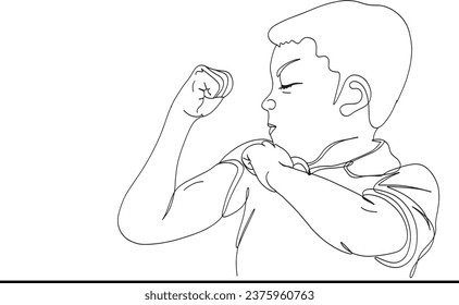 Boy Showing Arm Muscles - One-Line Sketch Cartoon Illustration, Young Boy Watching His Progress After Gym - Cartoon Illustration of Body Transformation