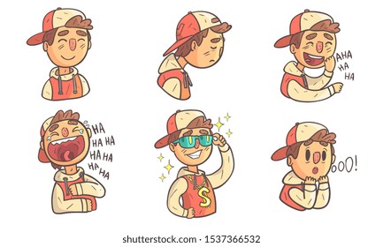 Boy Showing Different Emotions Set, Male Cartoon Character Wearing Hoodie and Cap with Various Face Expressions Vector Illustration