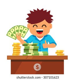 Boy showing fanned out green cash currency and pile stacks of dollar bills and gold coins on the desk. Kid finances and savings concept. Flat style vector illustration isolated on white background.