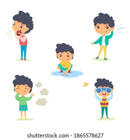 Boy showing five senses set. Sense of sight, touch, hear, smell, taste vector illustration. Small happy child in nature and exploring wonders of spring. Joyful education at childhood.