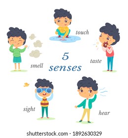 Boy showing five senses set. Sense of sight, touch, hear, smell, taste vector illustration. Small happy child in nature and exploring wonders of spring. Joyful education at childhood.