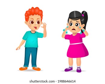 boy showing grimace face to girl until she cry. isolated on white background