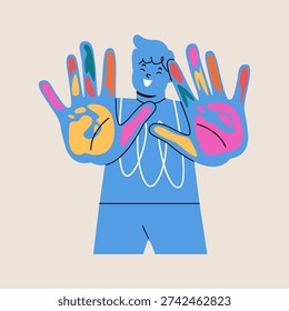 Boy showing his palms colored with paint. Colorful vector illustration

