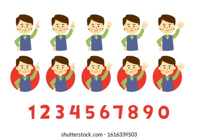 The boy is showing numbers by hand. White back vector data.