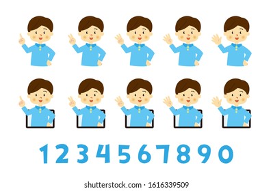 The boy is showing numbers by hand. White back vector data.