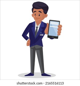 Boy is showing phone. Vector graphic illustration. Individually on white background.