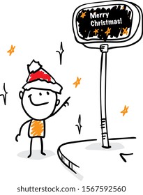 Boy showing post with a sign of Merry Christmas in a red new year hat.
Girl hand drawn doodle line art cartoon design character - isolated vector illustration outline of man.

