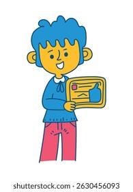  boy showing video on tablet, vector illustration