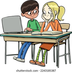 boy shows an assignment on a laptop to a girl sitting with him on a school bench