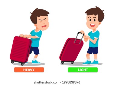 a boy shows the difference in how to carry a suitcase