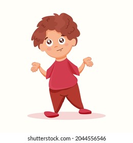 The boy shows with his hands the gesture I don't know. Vector illustration in flat style
