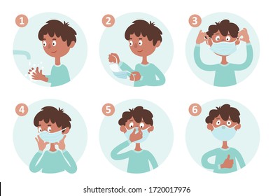 A boy shows how to wear a facial single-use medical mask. Cartoon hand-drawn instructions. Icons isolated on white background.