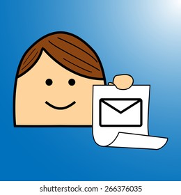 The boy shows the icon on paper 