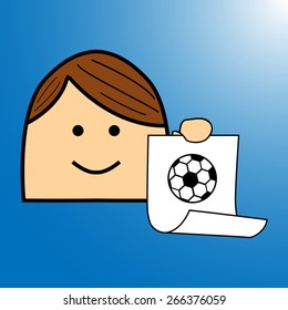The boy shows the icon on paper