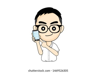 Boy shows smartphone, Cartoon vector illustration