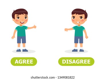 Boy shows thumb up and thumb down. English opposite word of agree and disagree illustration
