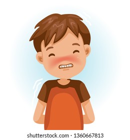 
Boy shy portrait of feel shy boy smiling and biting his teeth for childhood. Cartoon character vector illustration isolated on white background.