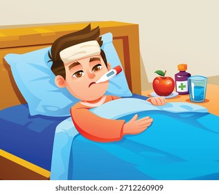 Niño enfermo en la cama con fiebre, termómetro en la boca y compresa refrescante en la frente. Vector ilustración de dibujos animados