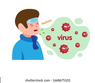 boy sick flu and sneezing with virus in air symbol. cartoon flat illustration vector isolated in white background