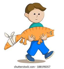 A boy and a sick red cat go to the vet