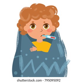 Boy sick. Thermometer, a blanket, temperature