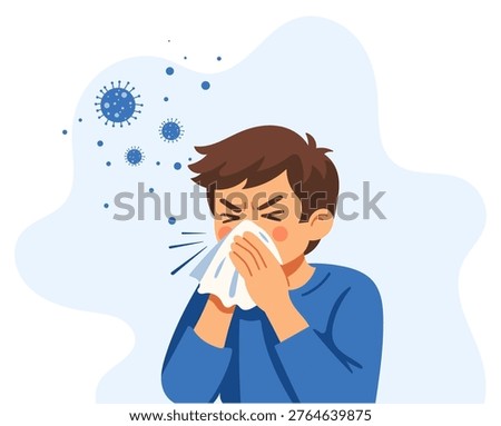 Boy Sick with Virus Infection, Flu and Cold Symptoms, Child with Tissue, Hand Drawn Vector Illustration