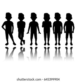 Boy silhouette in different poses with reflection. Vector illustration