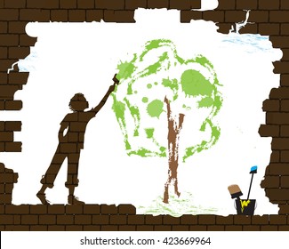 boy silhouette draws the tree by paint brash on the old broken brick wall, green the planet, new life after disaster idea, graffiti, vector