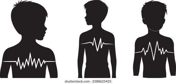 Boy Silhouette with Heartbeat Line, Vector Illustration on White