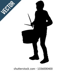 Boy silhouette playing a drum on white background, vector illustration