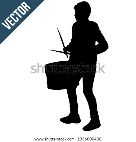 Boy silhouette playing a drum on white background, vector illustration